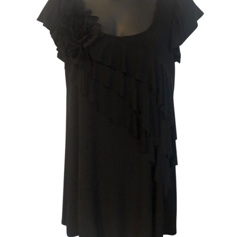 Black Ruffle Shift Dress with Rosette Detail